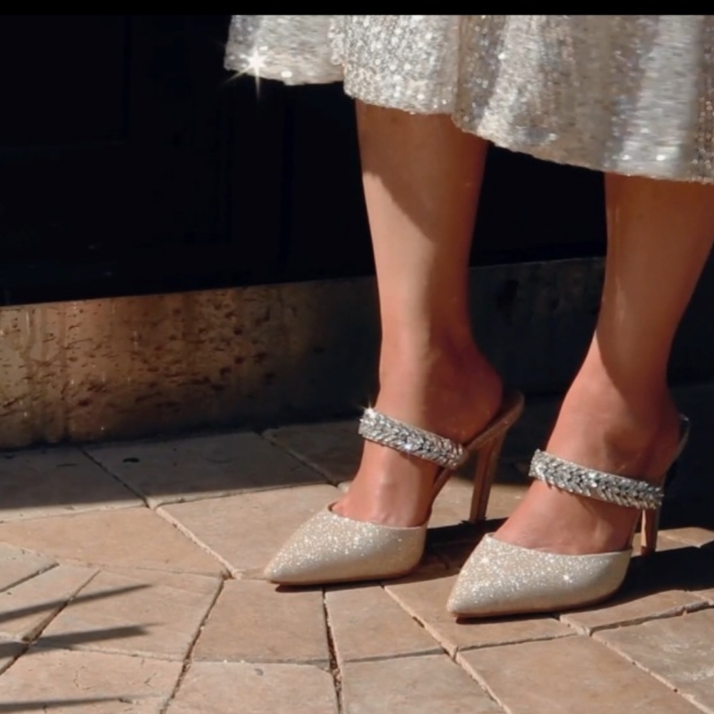 Sparkling Silver Pointed-Toe High Heel Mules